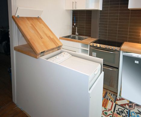 Apartment Washer, Studio Deco, Small Washing Machine, Hidden Laundry, Organize Kitchen, Top Load Washing Machine, Washing Machine In Kitchen, Hidden Rooms, Baskin Robbins