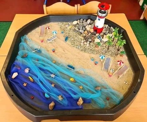 Beach Tuff Tray, Nursery Activities Eyfs, Summer Sensory Bin, Infant Cereal, Tuff Tray Ideas Toddlers, Ocean Sensory, July Month, Preschool Creative Art, Toddler Sensory Bins