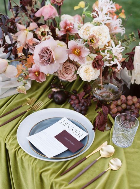 Read More: https://www.stylemepretty.com//www.stylemepretty.com/vault/image/7222736 Olive And Purple Wedding, Cool Tone Wedding Colors, September Wedding Table Decorations, Jewel Tone Vintage Wedding, Moody Wedding Decor Table Settings, Mauve Tablescape, Moody Summer Wedding Color Palettes, Green And Mauve Wedding, Modern Spring Color Palette