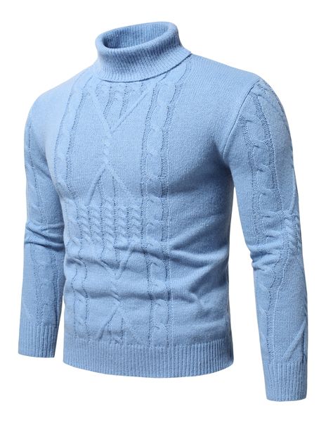 Baby Blue Casual Collar Long Sleeve Fabric Plain Basic Tops Embellished Slight Stretch  Men Clothing High Neck For Men, Mens Knitted Sweater, Mens Knit Sweater, Turtleneck Outfit, Fitted Turtleneck, Cable Knit Jumper, Estilo Hip Hop, Knitwear Men, Men's Knit