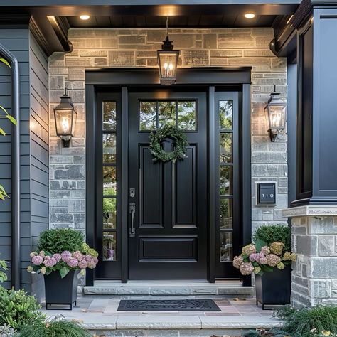 Modern Front Door On Traditional House, Oversize Front Door, Front Door With Side Windows Entrance, Modern Country Front Door, Italian Front Door, Black Front Door White Trim, House With Black Front Door, Black Doors Exterior Front Entry, Black Front Door Hardware