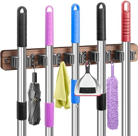 Wood Broom Holder with 5 Racks and 4 Hooks Broom Organizer, Laundry Room Organization and Storage, Mop Holder for Home Organization, Garden, Garage, Kitchen, Closet Broom Organizer, Plastic Broom, Broom Hanger, Kitchen Closet, Garage Storage Racks, Mop Holder, Garden Garage, Garage Kitchen, Broom Holder