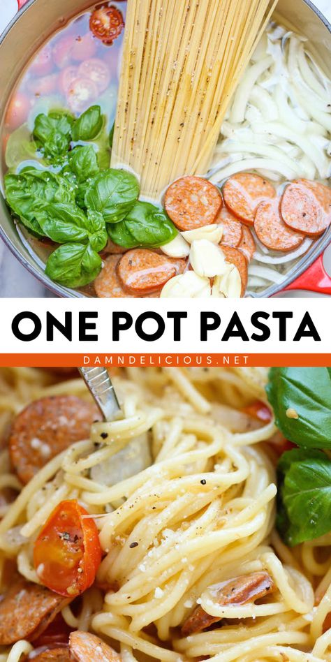 Don't miss out on this one-pot pasta recipe! All tossed right in the pan including the uncooked spaghetti, this pasta dish is a perfect busy weeknight dinner. Plus, you're just 20 minutes away from this quick and easy meal for tonight! Amazing Pasta, Sausage Spaghetti, One Pot Pasta Recipes, Andouille Sausage, One Pot Pasta, Sausage Pasta, Easy Pasta Recipes, Pasta Dish, Pot Meals