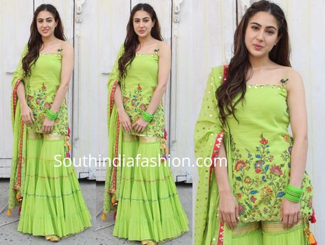 Sara Ali Khan in Sukriti & Aakriti Sarara Dress, Bridal Chemise, Embroidered Sharara, Diwali Dresses, Sharara Designs, Indian Sari Dress, Sharara Suits, Churidar Designs, Parrot Green