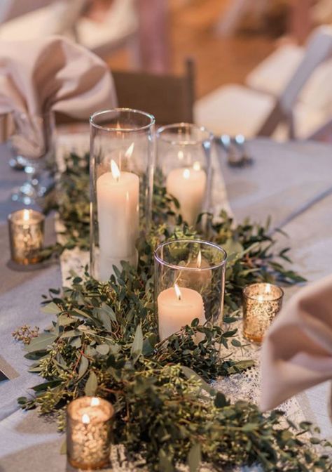 Glass Candle Centerpieces Wedding, Wedding Outdoor Centerpieces, Lanterns And Candles Wedding, Candle Ideas For Wedding Tables, French Inspired Centerpieces, Glass Bowl Candle Centerpiece, Boho Modern Table Setting, 2023 Wedding Trends Decor, November Wedding Greenery