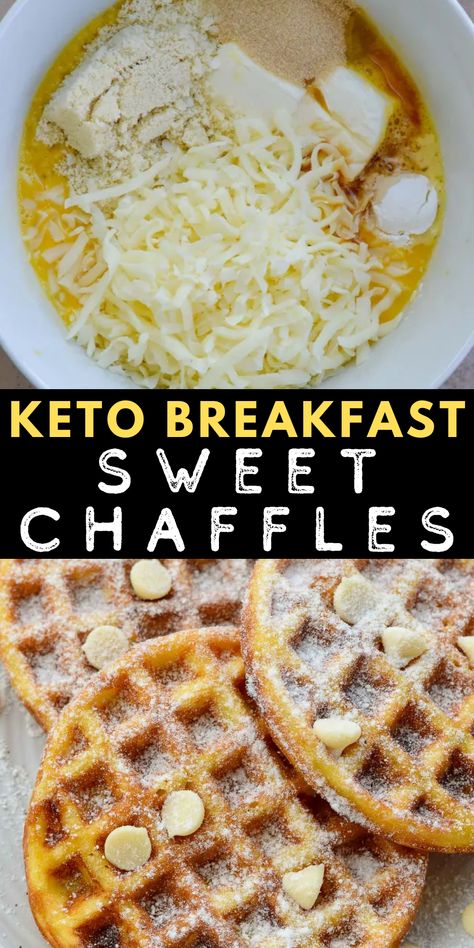 These Sweet Chaffles are perfect for a low-carb breakfast, snack, or dessert! Cheesy waffles are soft, fluffy, and packed with sugar-free white chocolate chips for a treat around 1 net carb each. Keto Tuna Chaffles, Chaffels Low Carb, Chaffle Breakfast Sandwiches, Banana Bread Chaffles, Bariatric Soft Diet Recipes, Sweet Chaffles Recipe Keto Easy, Blueberry Chaffles Keto, Low Carb Breakfast Ideas No Eggs, Keto Chaffles Low Carb Breakfast