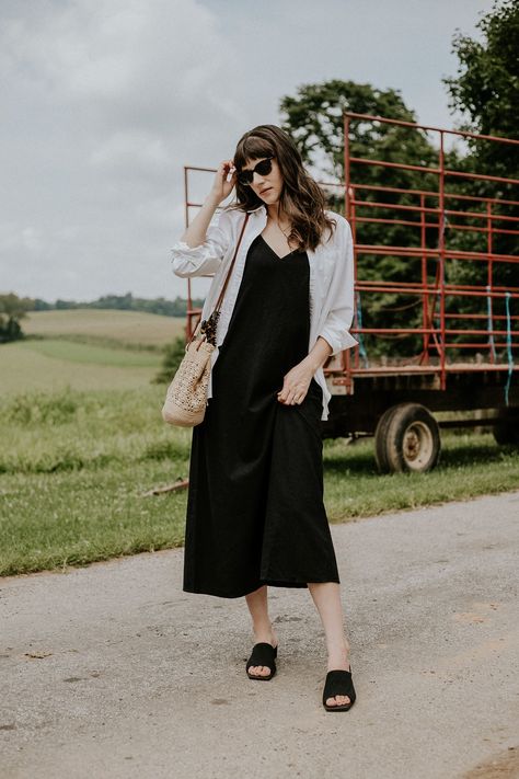 Tank Dress With Button Down Shirt, White Button Down With Dress, Dress With White Button Down Shirt, Dress And Button Up Shirt Outfit, Black Dress White Button Down, White Button Up Over Dress, Black Dress With Button Down Shirt, Slip Dress With Button Down Shirt, Button Down Over Dress