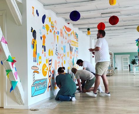 Mural painting for teams — Zsofi Lang Illustration Community Mural, Collaborative Mural, Mural Inspiration, Hr Manager, Office Mural, Old Office, Chocolate Making, Visual Metaphor, Painting Activities