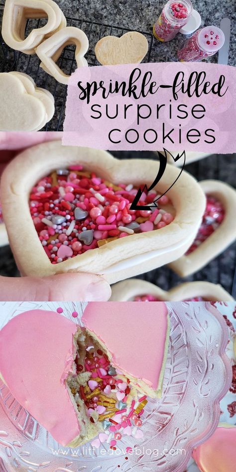 These fun sprinkle-filled cookies are a sweet surprise for Valentine's Day. Pinata cookies for Valentine's Day. #pinatacookies #valentinesday #cookierecipes Sprinkle Filled Cookies, Pinata Cookies Decorated, Piñata Cookies, Surprise Cookies, Pinata Cookies, Treat Maker, Surprise Cookie, Confetti Cookies, Farm Cookies