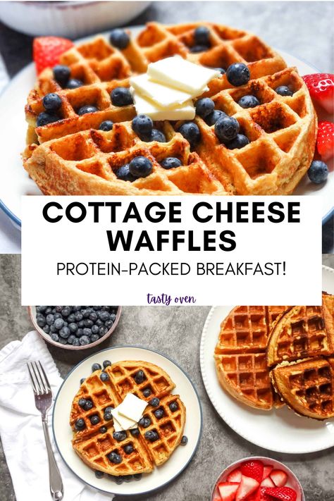 cottage cheese belgian waffles on plates served with fruit and butter Cottage Cheese Oats, Cottage Cheese Waffles, Waffles Healthy, Cottage Cheese Protein, Cottage Cheese Recipes Healthy, Healthy Breakfast Idea, Baking Spices, Waffle Iron Recipes, Cheese Waffles