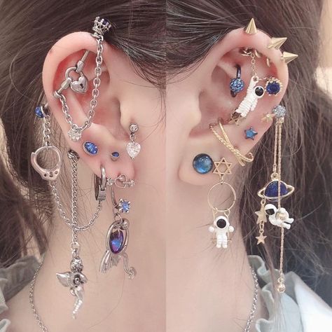 Purple Ear Piercings, Weirdcore Earrings, Fully Pierced Ears, Weirdcore Jewelry, Whimsical Apartment, Pink Plushies, Ears Piercing, Fairy Core Grunge, Cool Ear Piercings