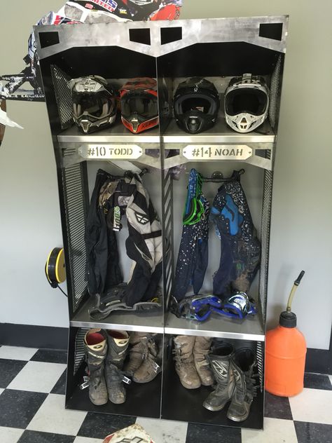 Motocross gear lockers- steel, stainless steel, and aluminum accents, complete with name plates, and steampunk hooks for helmets, jackets, gloves, etc. Built in Hayden Idaho by Costa Fabrication www.costafabrication.com Motocross Gear Storage, Gear Room, Dirt Bike Gear, Motocross Gear, Music Studio Room, Racing Gear, Name Plates, Room Stuff, Studio Room