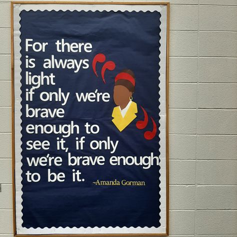 Amanda Gorman Door Decoration, Amanda Gorman Bulletin Board, Bhm Bulletin Board, Poetry Bulletin Board Ideas, Sel Bulletin Board Ideas, Poetry Bulletin Board, History Bulletin Boards, The Hill We Climb, Wooden Door Ideas