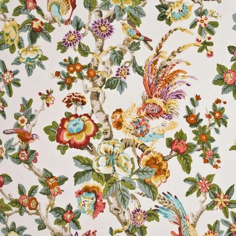 Pertelote - Aqua/Rose/Multi | Kravet Aqua Rose, Bird Tree, Fabric Houses, For Wallpaper, Tropical Birds, English Garden, Drapery Fabric, House Garden, Shades Of Orange