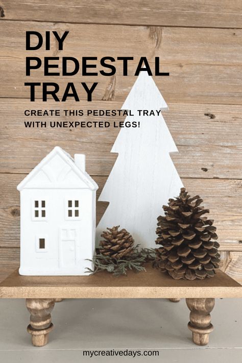 DIY Pedestal Tray (With Unique Legs) - My Creative Days Spindle Decor, Diy Display Shelf, Diy Pedestal, Wooden Pedestal, New Project Ideas, Wood Snowman, Wood Crafting, Diy Display, Budget Home Decorating