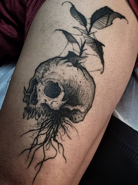 Skull And Leaves Tattoo, Dark Nature Tattoo Ideas, Dark Fine Line Tattoo, Nature Skull Tattoo, Gothic Nature Tattoo, Fine Line Black And Grey Tattoo, Scary Tattoos Dark Art, Black And White Tattoo Ideas, Goth Tattoos For Women