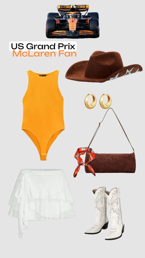 Great outfit inspiration for a Formula One Mclaren fan! A fun mix of cute, casual, cowboy!

Shop the finish line designs for track specific wear ! Grand Prix Outfit, Cowboy Shop, F1 Mclaren, Race Outfit, Race Day Outfits, Races Fashion, Mclaren F1, Race Day, Formula One