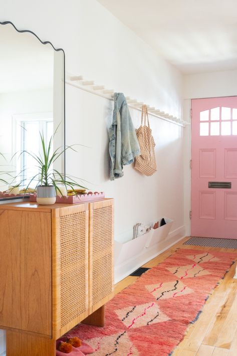 Narrow Entryway Makeover in a Bright & Airy design style. Door colour is Nancy's Blushes from Farrow & Ball, Runner Rug from Mellah, Bar Cabinet (used as a shoe cabinet) from Article, Mirror from Mirror Home Decor Art Fun Entry Way Ideas, Colourful Entryway Ideas, Narrow Hallway Inspiration, Mid Mod Entryway, Entryway Ideas Eclectic, Post Modern Entryway, Entryway In Kitchen, Anthropologie Entryway, Eclectic Entryway Decor