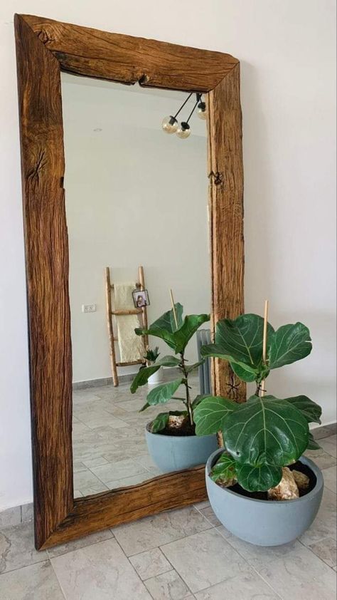 Chunky Wood Mirror, Wood Framed Full Length Mirror, Large Wood Mirror Bedrooms, Western Floor Length Mirror, Big Wood Mirror, Simple Rustic Living Room, 90s Inspired Room, Mirror Plants, Vintage Wood Mirror