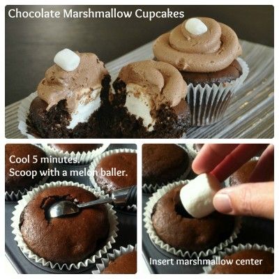 Step by step instructions for how to make marshmallow stuffed cupcakes Cupcake Hacks, Stuffed Cupcakes, Marshmallow Cupcakes, Best Chocolate Cupcakes, Marshmallow Chocolate, Chocolate Marshmallow, Cupcake Recipes Chocolate, Cupcake Flavors, Chocolate Marshmallows