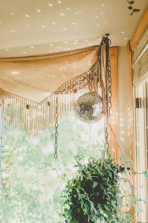 3 Cheery Ways To Decorate With A Disco Ball Boho Disco Ball Decor, Disco Ball Window, Ball Room Aesthetic, Youth Group Rooms, Condo Balcony, Studio House, Modern Boho Living Room, Ball Aesthetic, Small Balcony Design