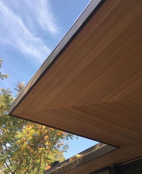 Wood Soffit, Roof Eaves, Wood Siding Exterior, Roof Cladding, Ceiling Cladding, Modern Residential Architecture, Front Patio, Wood Siding, White Brick