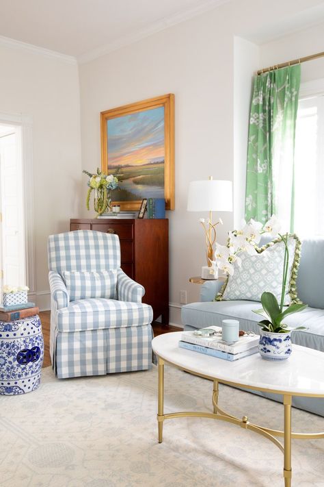 Coastal Grandmillennial Style Living Room Southern Coastal Living Room, Coastal Grand Millennial Style, Grandmillenial Style Living Rooms, Grandmillennial Living Room, Grand Millennial Living Room, Grandmillenial Living Room, Ballard Designs Living Room, Southern Living Room, Grandmillenial Style Interiors