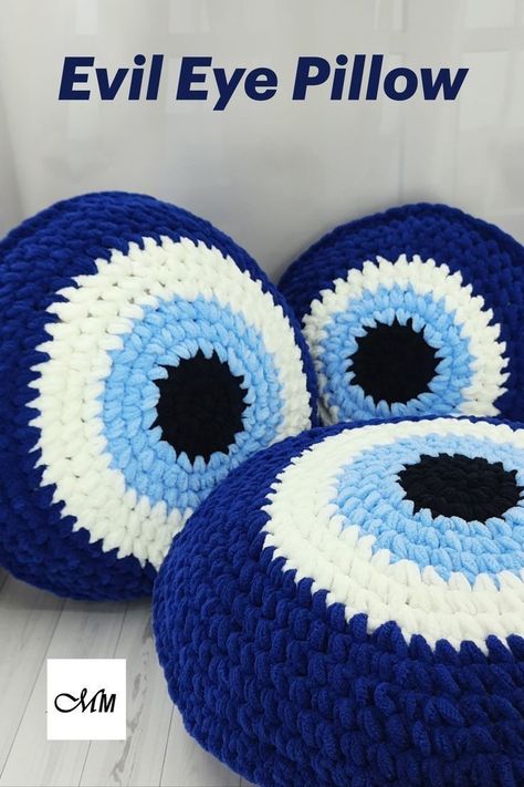 Evil Eye Throw Pillow, Third Eye Crochet, Evil Eye Pillow Crochet Pattern, Crochet Evil Eye Blanket, Evil Eye Gift Ideas, Crochet Eye Pillow, Evil Eye Bedroom Decor, Evil Eye Gifts, Evil Eye Stuff