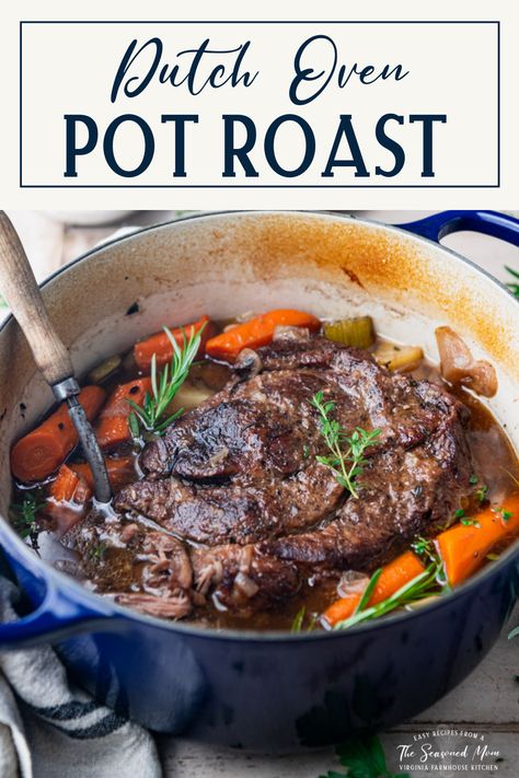 Tender and juicy, this Dutch Oven Pot Roast transforms an affordable cut of meat into a delicious comfort food dinner. The beef slowly bakes with potatoes and carrots for an easy one pot meal. Your whole family will love this classic Sunday pot roast recipe! Roast In Dutch Oven, Oven Brisket, Dutch Oven Pot Roast, Dutch Oven Beef, Oven Pot Roast, Leftover Pot Roast, Chuck Roast Recipes, Sirloin Tip Roast, Brisket Recipe