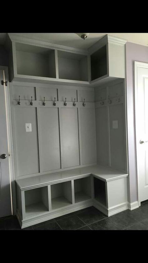 Coat Closet Into Mudroom Entry Ways, Hall Tree Built In, Long Storage Bench, Accent Mural, Mudroom Renovation, Entry Way Lockers, Mudroom Locker, Mudroom Cubbies, Laundry Room/mud Room