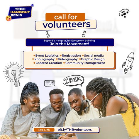 Tech hangout Benin Flyer Hangout Background, Volunteer Flyer Design, Call For Volunteers Flyer Design, Tech Flyer Design, Volunteer Flyer, Mini Project, Wedding Backdrop Design, Social Media Photography, Flyer And Poster Design