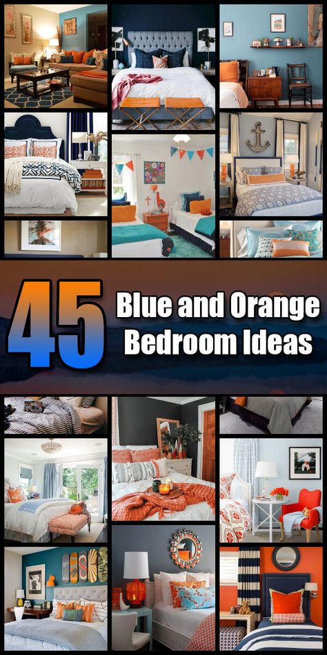 45 Blue and Orange Bedroom Ideas - Easy Home Concepts #bedroomdecor #bedroomideas Navy And Burnt Orange Bedroom, Orange And Navy Bedroom, Navy Orange Bedroom, Navy Blue And Orange Bedroom, Navy And Orange Bedroom, Orange Accents Bedroom, Grey Orange Bedroom, Blue And Orange Bedroom Ideas, Blue And Orange Bedroom