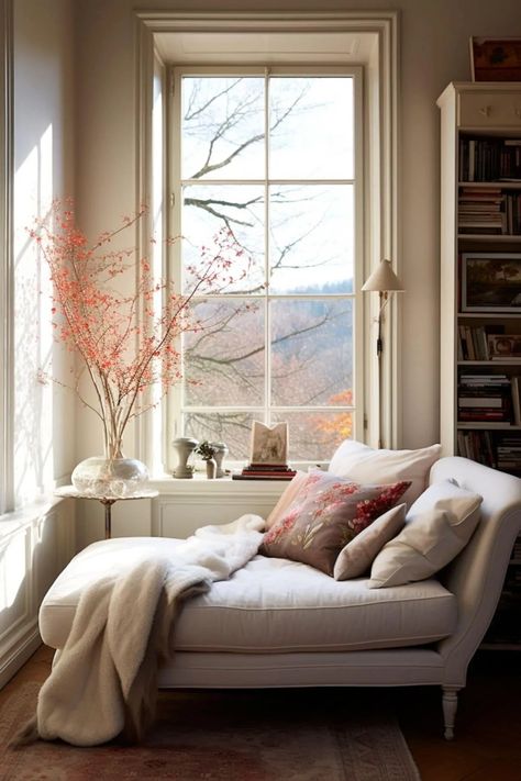 Landing Reading Area, Armchair In Corner, Bedroom Lounge Area Ideas, Cozy Corner Living Room, Small Reading Corner, Cozy Corner Ideas, Airbnb Room, Nancy Myers, Seating Nook