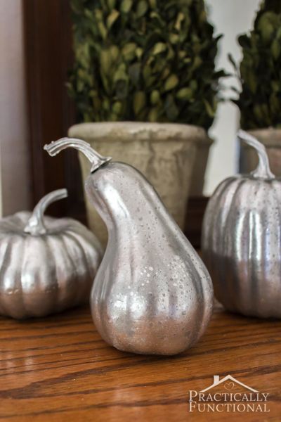 Mercury Glass Pumpkins, Diy Pumpkins Crafts, Mercury Glass Diy, Decorating For Fall, Small Flower Arrangements, Vintage Burlap, Pumpkin Topiary, Pretty Pumpkins, Jack O'lantern