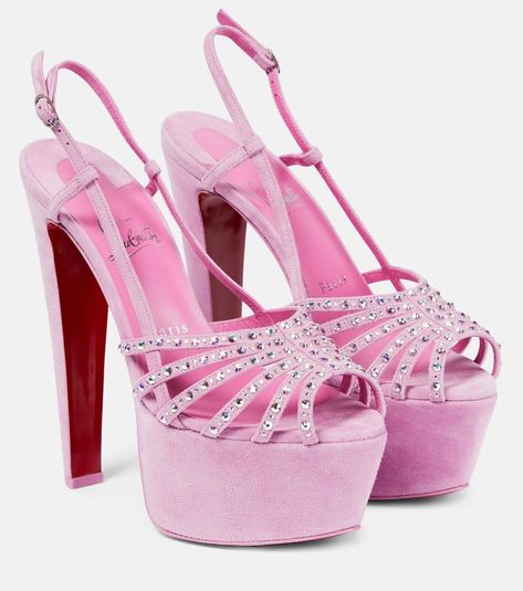 Vegastrassima Alta platform sandals in pink - Christian Louboutin | Mytheresa Pink Platform Heels, Outfits Jewelry, Louboutin Online, Suede Style, Crystal Heels, Suede Fashion, Platform Stilettos, Couple Games, Leather Platform Sandals