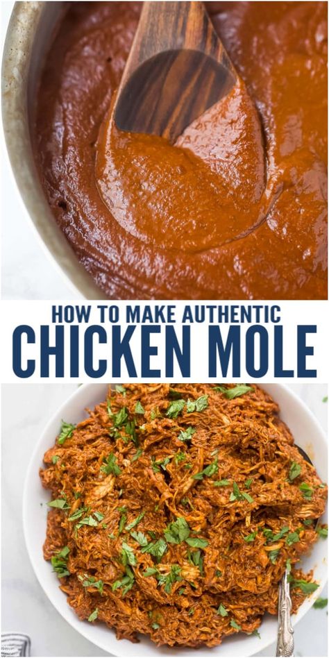 This Chicken Mole recipe is the ultimate combination of dried chili peppers, garlic, tomatoes, almonds, raisins, and Mexican chocolate for one epic bite. If you're looking for a chicken recipe that packs a punch of flavor this mole is it - use it in tacos, enchiladas, salads, etc. #molerecipe #authenticmole #chickenmole #easychickenrecipe #chickendinner #howtomakemole #fromscratch Mole Chicken Tacos, Instant Pot Chicken Mole Recipe, Mole Pepper Recipes, Mole Tacos Chicken, Healthy Mole Recipe, Slow Cooker Mole Chicken, Mole Paste Recipe, Chicken Mole Casserole, Mexican Pepper Recipes