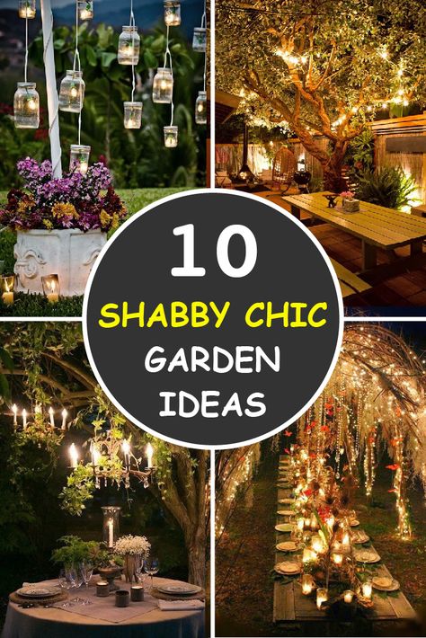 The shabby chic decorating style and outdoor lighting ideas were introduced for the first time by Rachel Ashwell in the 80s and have since become a classic decoration. Its features are distressed materials, antique furniture, dishes, and cups made of Chinese porcelain, pastel colors and vintage chandeliers. Outdoor Lighting Ideas Backyards, Garden Ideas Decoration, Side Yard Ideas, Light Fixture Ideas, Decor Garden Ideas, Best Outdoor Lighting, Lighting Landscape, Outdoor Lighting Fixtures, Shabby Chic Garden