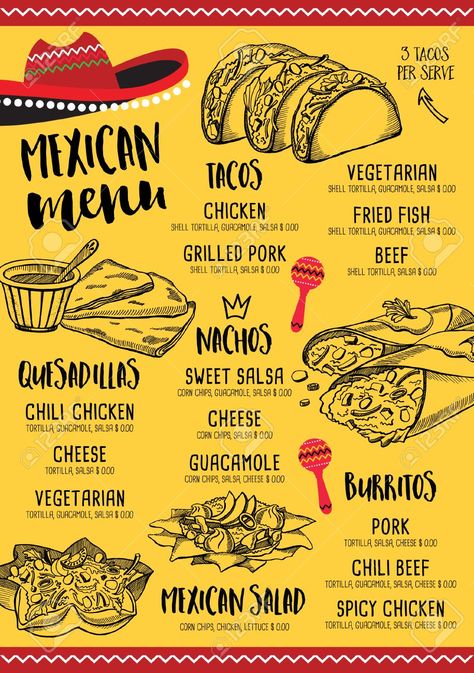 Mexican Food Menu, Creative Dinner, Tacos Menu, Sweet Salsa, Mexican Restaurant Design, Mexican Restaurant Decor, Menu Design Layout, Food Truck Menu, Mexican Menu