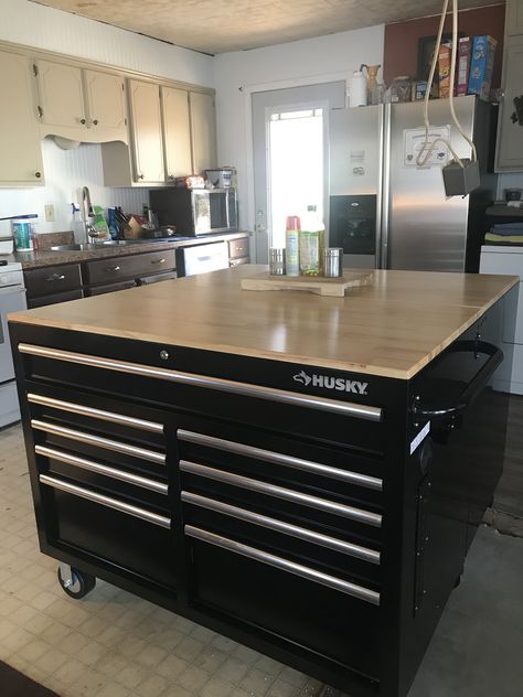 Tool Box Island, Tool Box Island Kitchens, Toolbox Kitchen Cabinets, Metal Island Kitchen, Tool Box Kitchen Island, Toolbox Kitchen Island, Tool Chest Kitchen Island, Toolbox Kitchen, Cabin Bungalow