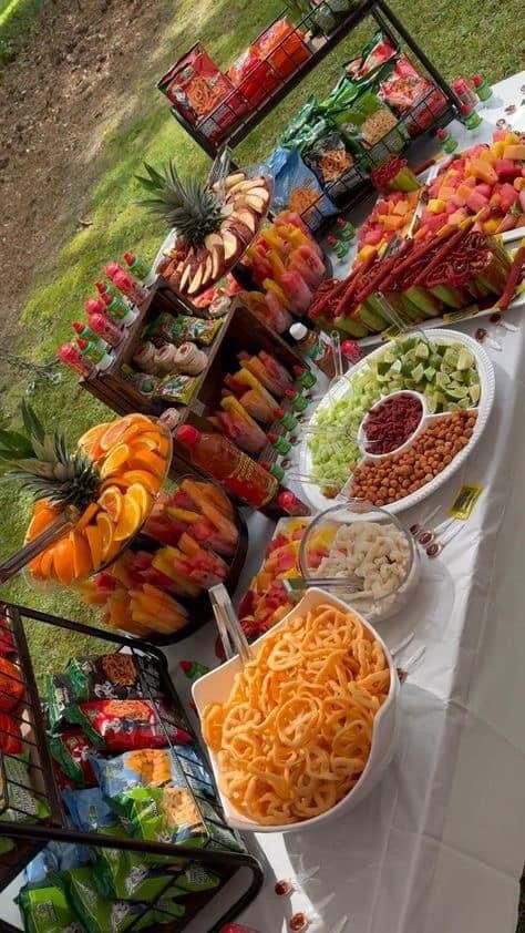 Antojitos Table, Mexican Dessert Table, Party Snack Table, Mexican Theme Party Decorations, Fruit Buffet, Mexican Birthday Parties, Gold Quince, Dresses Champagne, Mexican Snacks