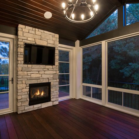 Northern MN Lakeside Home - Beach Style - Porch - Minneapolis - by Lenox House Design | Houzz Porch Fireplace, City Homes, Porch Remodel, Minnesota Home, Porch Area, Screen Porch, Screened In Patio, Transitional House, Mediterranean Home