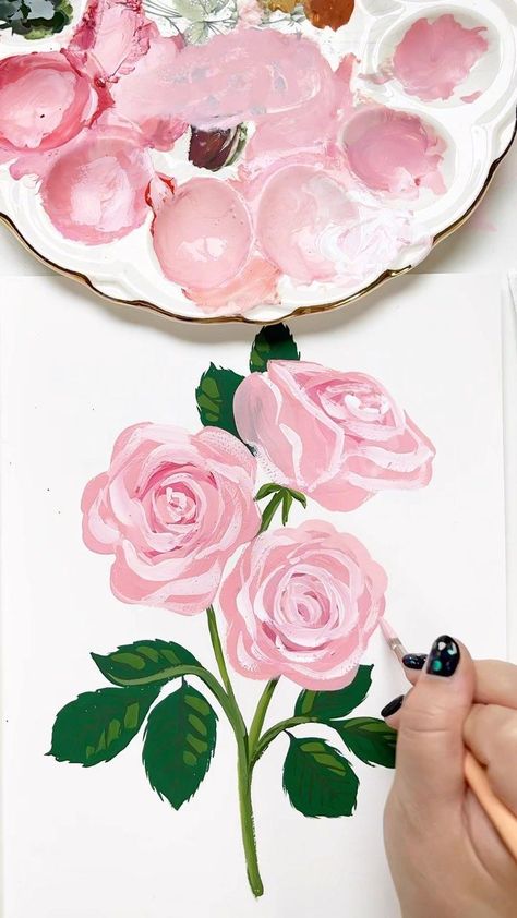 Here’s to roses, the real MVP 🌹 Gouache floral painting timelapse in my sketchbook 🎨 How To Paint A Rose, Rose Gouache, Rose Painting Easy, Gouache Rose, Floral Painting Ideas, Rose Art Painting, Roses Acrylic Painting, How To Paint Roses, Pink Roses Painting