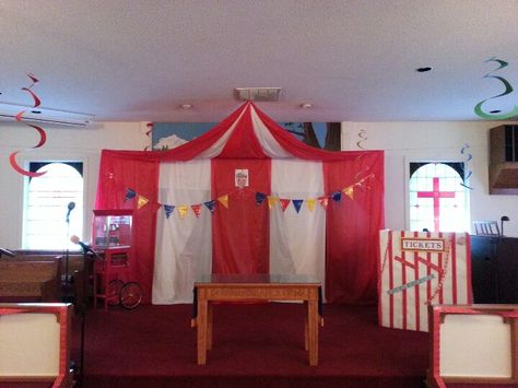 Tent made from plastic table clothes in sanctuary Carnival Tent Diy Plastic Tablecloth, Circus Vbs, Tent Diy, Carnival Tent, Diy Tent, Table Clothes, Vbs 2024, Carnival Theme, Plastic Table Covers