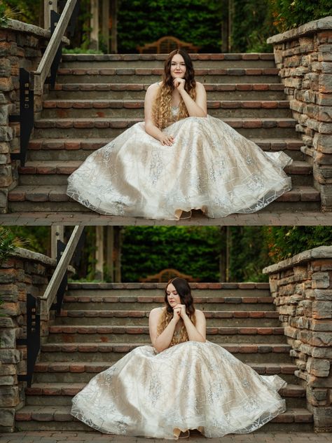 Sitting Poses In A Dress, Creative Prom Photos, Grad Dress Photoshoot Ideas, Prom Photography Ideas, Blush Pink Formal Dress, Stairs Photoshoot, Whimsical Photoshoot, Prom Photography Poses, Grad Portraits