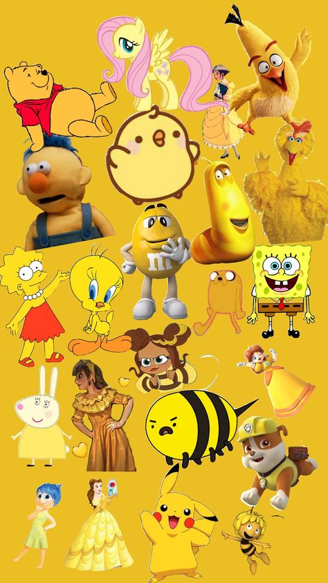 yellow characters #yellow Yellow Disney Characters, Yellow Characters Cartoon, Yellow Cartoon Characters, Yellow Characters, Outfit Themes, Joy Inside Out, Yellow Costume, Dti Ideas, References For Art