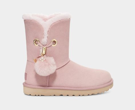 Irina Tessie Pom Pom Pom Pom Boots, Crystal Uses, Pink Flats, Real Fur, Flat Boots, Pink Crystal, Metal Hardware, Womens Uggs, Ugg Boots