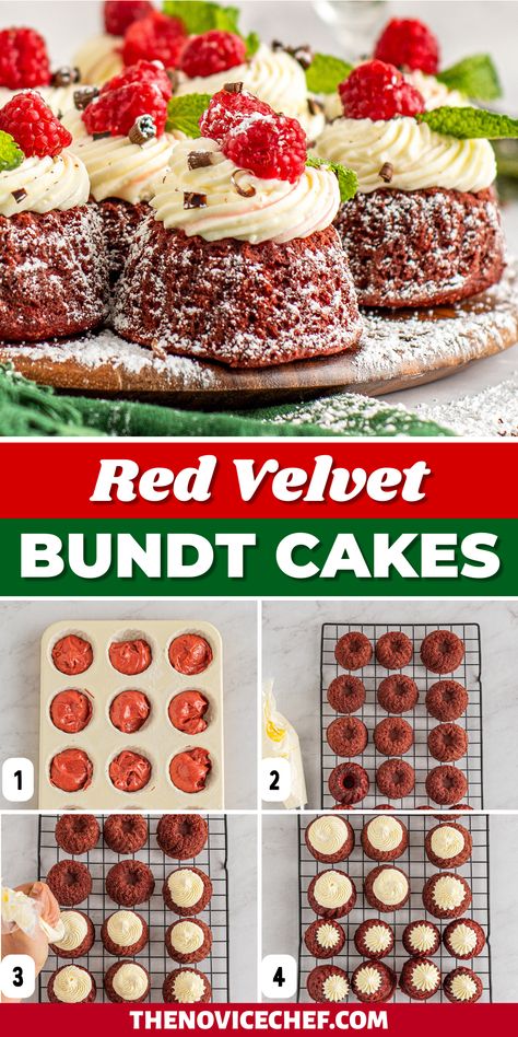 Red Velvet Chocolate Chip Bundt Cake, Boozy Red Velvet Cake, Bundt Cake Decorating Ideas Wedding, Mini Red Velvet Bundt Cakes, How To Decorate Mini Bundt Cakes, Mini Bundt Cakes From Cake Mix Boxes Red Velvet, Red Christmas Desserts, Mini Holiday Cakes, Red Velvet Mini Bundt Cakes