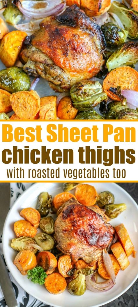 Sheet pan chicken thighs and vegetables are so easy to throw together, bake, and enjoy with your family. A healthy meal with tons of flavor for the win. Chicken Thighs And Veggies, Sheet Pan Chicken Thighs, Easy Baked Chicken Thighs, Recipes Meat, Healty Dinner, Sheet Pan Chicken, Pan Recipe, Healthy Vegetable Recipes, Tasty Meat