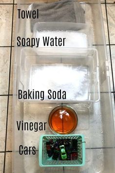 This simple science experiment combines baking soda and vinegar with pretend play, perfect for toddlers! An erupting car wash engages all the senses. Kid Car Wash, Science Activities For Toddlers, Baking With Toddlers, Toddler Science Experiments, Science For Toddlers, Baking Soda And Vinegar, Transportation Activities, Transportation Preschool, Simple Science