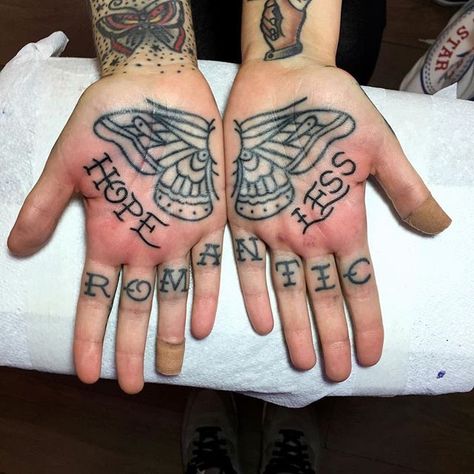 Inside Palm Tattoo, Hopeless Romantic Tattoo, Hand Palm Tattoos, Hand Tattoo Images, Palm Tattoo, Dark Tattoos, Romantic Tattoo, Ink Therapy, Finger Tats